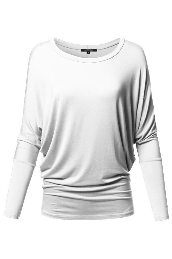 Women's Casual Solid Boat Neck Long Dolman Sleeve Top - MADE in USA