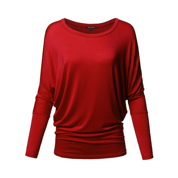 FashionOutfit Women's Casual Solid Boat Neck Long Dolman Sleeve Top - MADE in USA