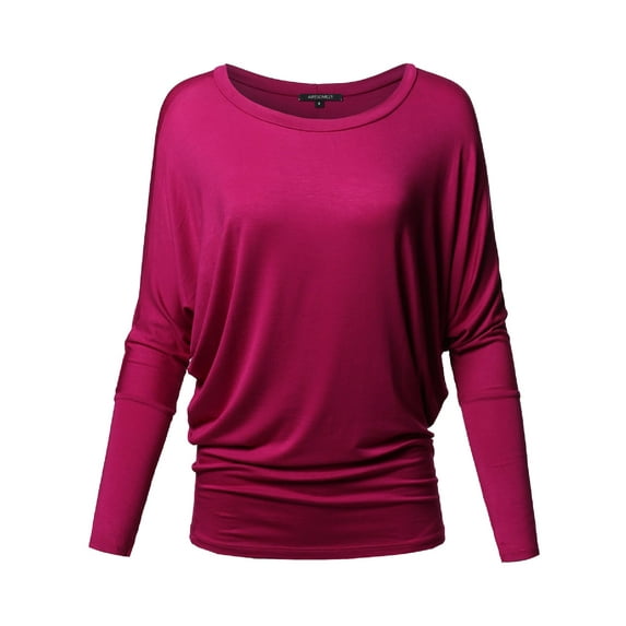 FashionOutfit Women's Casual Solid Boat Neck Long Dolman Sleeve Top - MADE in USA