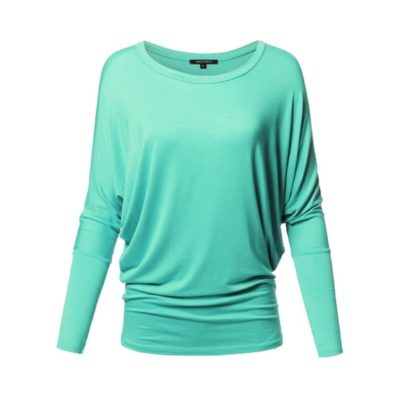 FashionOutfit Women's Casual Solid Boat Neck Long Dolman Sleeve Top - MADE in USA