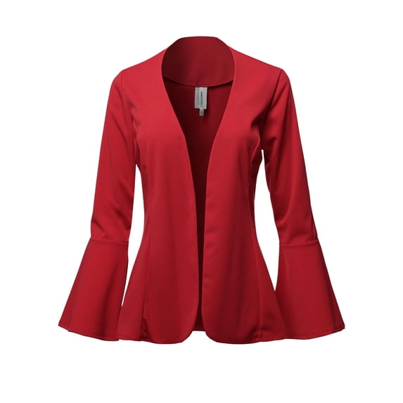 FashionOutfit Women's Casual Solid Collarless Bell Sleeve Open Blazer - Made in USA