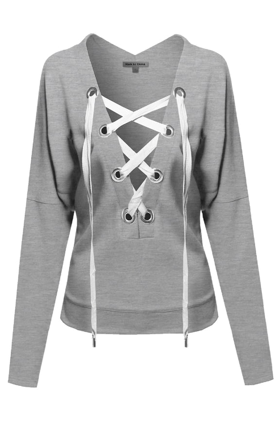 Women's Casual Solid Long Dolman Sleeve Deep Plunge Lace up Neck Top