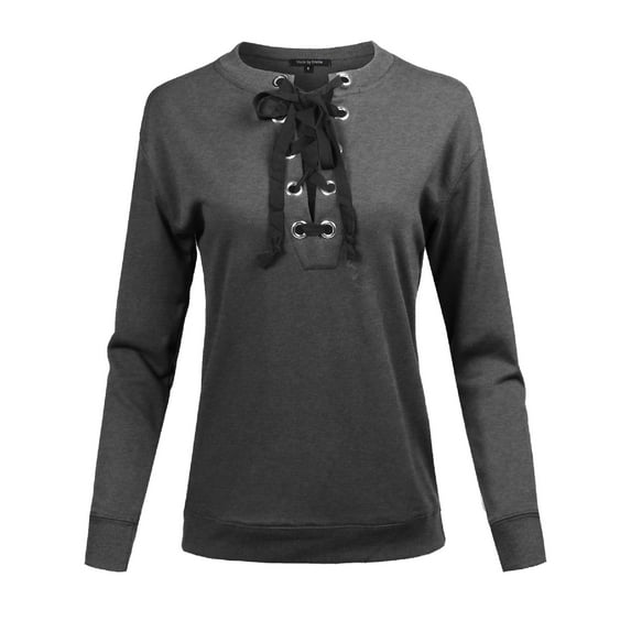 FashionOutfit Women's Casual Solid Long Sleeve Front Lace Up Neck French Terry Top
