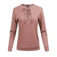 thumbnail image 1 of FashionOutfit Women's Casual Solid Long Sleeve Front Lace Up Neck French Terry Top, 1 of 4