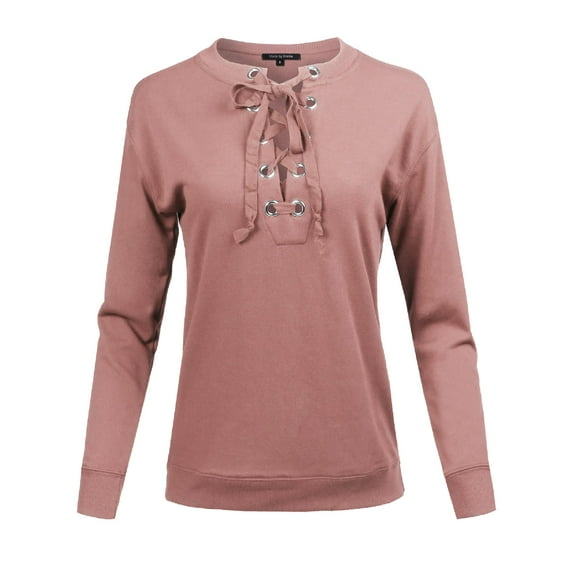 FashionOutfit Women's Casual Solid Long Sleeve Front Lace Up Neck French Terry Top
