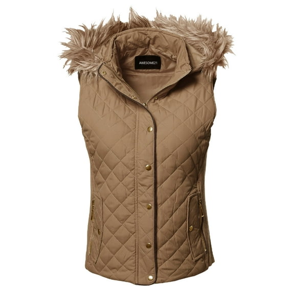 FashionOutfit Women's Casual Solid Quilted Padding Vest With Fur Trimmed Hood