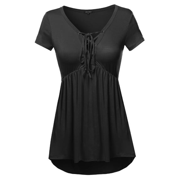 FashionOutfit Women's Casual Solid Soft Stretch Short Sleeve Lace Up Front Top