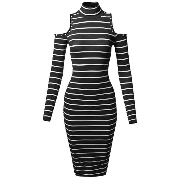 FashionOutfit Women's Casual Striped Long Sleeve Mock Neck Cut Off Shoulder Midi Dress