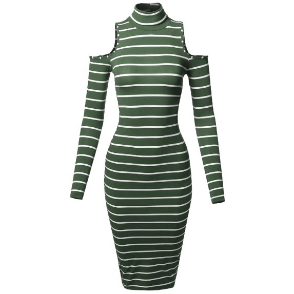 FashionOutfit Women's Casual Striped Long Sleeve Mock Neck Cut Off Shoulder Midi Dress