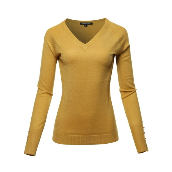 FashionOutfit Women's Casual Style Gold Button V-neck Viscose Sweater Top