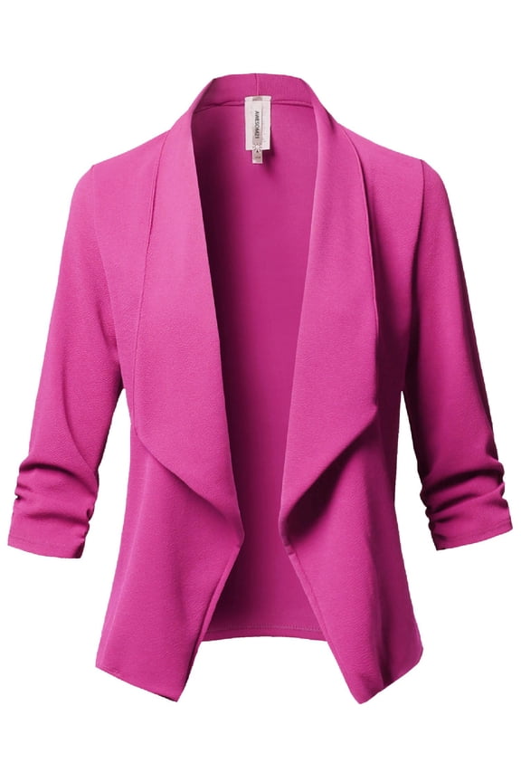 Women's Casual Style Stretch 3/4 Gathered Sleeve Open Front Work Office Blazer Jacket