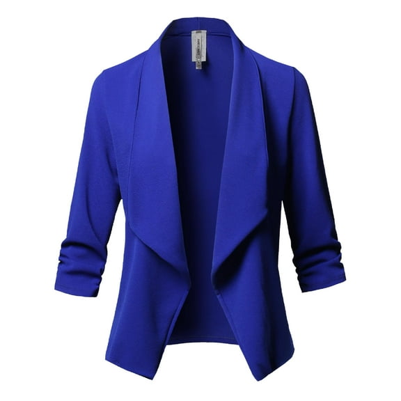 FashionOutfit Women's Casual Style Stretch 3/4 Gathered Sleeve Open Front Work Office Blazer Jacket