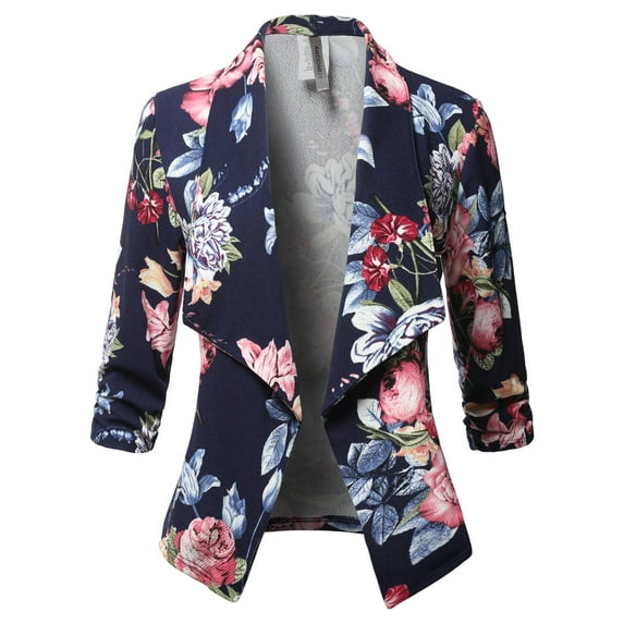 FashionOutfit Women's Casual Style Stretch 3/4 Gathered Sleeve Open Front Work Office Blazer Jacket