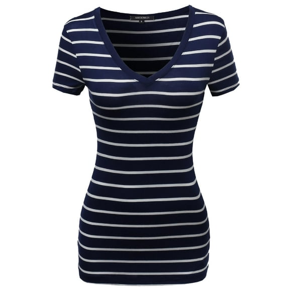 FashionOutfit Women's Casual Thin Stripe Vneck Shirts