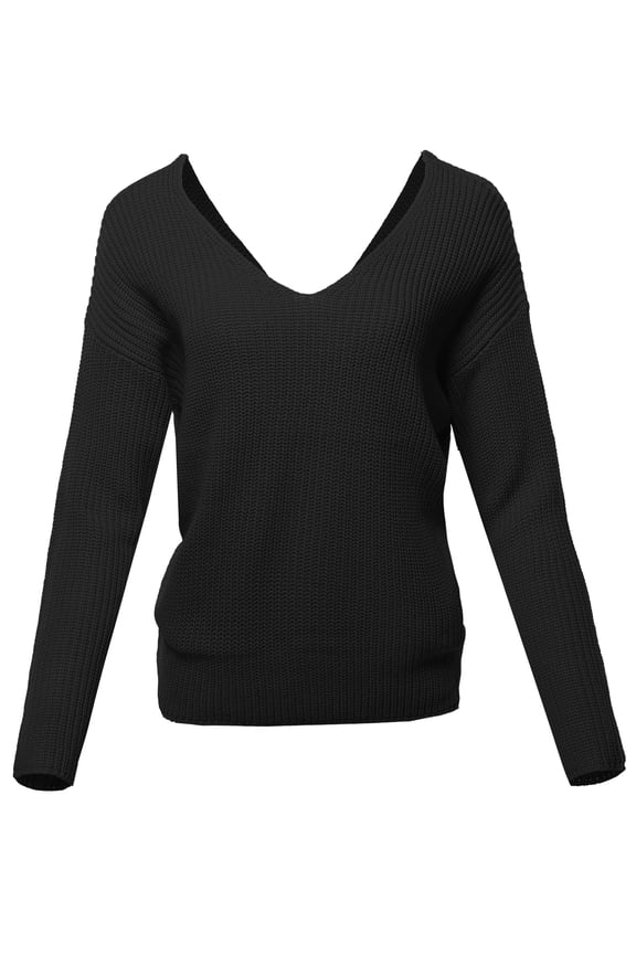 Women's Casual V Neck Criss Cross Backless Loose Knitted Pullovers