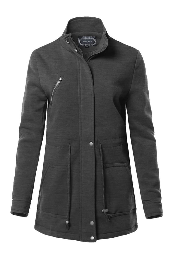 Women's Causal Basic High Neck Long Sleeve Zipper Closure Cotton Long Jacket