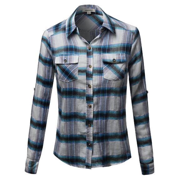 FashionOutfit Women's Cotton Plaid Checkered Rolled up Shirt Blouse Top