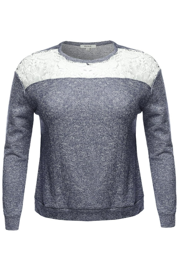 Women's Crew Neck Two Tone French Terry Top W/ Front Yoke Crochet Trim