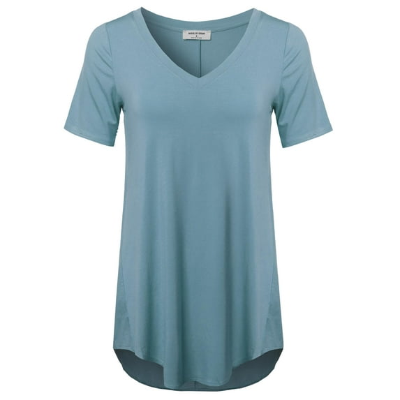 FashionOutfit Women's Daily Basic Premium Rayon Short Sleeve High-Low Hem V-Neck T shirts
