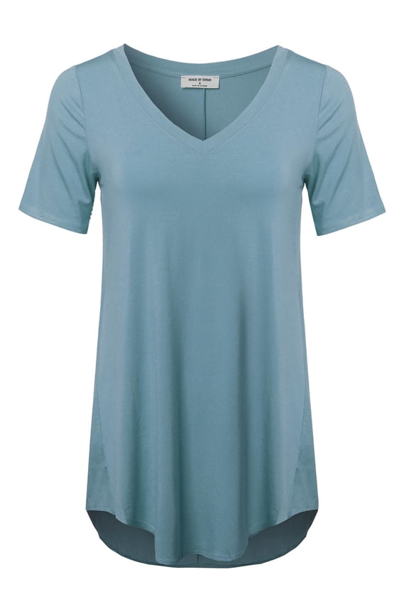 Women's Daily Basic Premium Rayon Short Sleeve High-Low Hem V-Neck T shirts