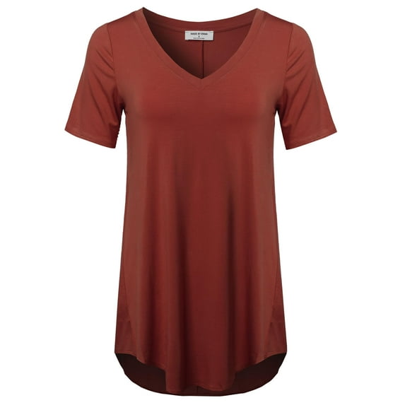 FashionOutfit Women's Daily Basic Premium Rayon Short Sleeve High-Low Hem V-Neck T shirts