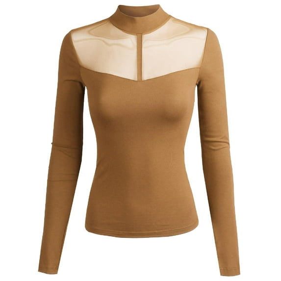 FashionOutfit Women's Fitted Long Sleeve Stretch Mock Neck Mesh Detail Top