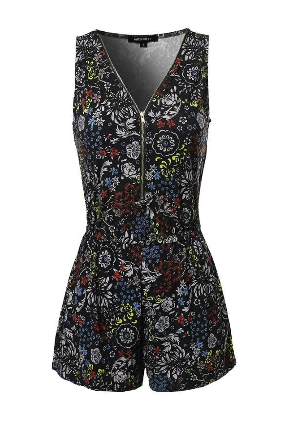Women's Floral Design Printed Sleeveless Zipper Front Romper