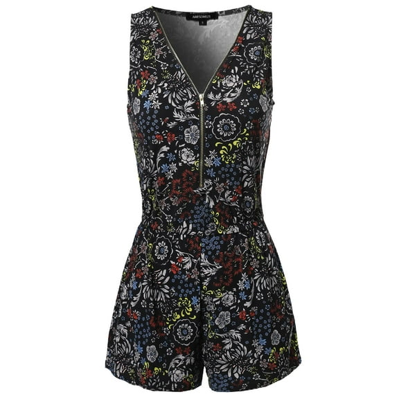FashionOutfit Women's Floral Design Printed Sleeveless Zipper Front Romper