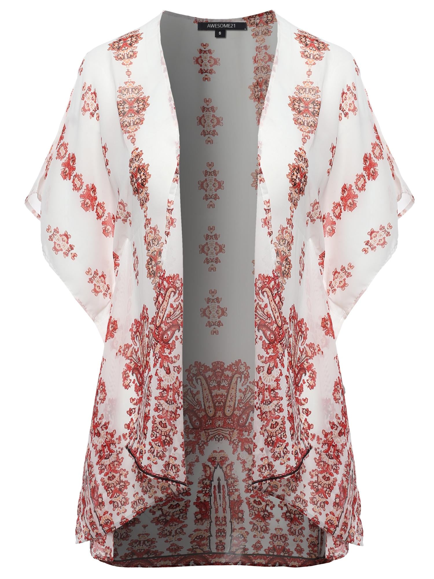 FashionOutfit Women's Floral Print Chiffon Kimono Style Cardigan