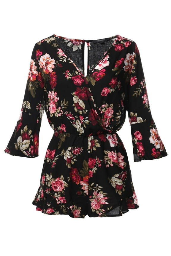 Women's Floral Print Deep V-Neck 3/4 Ruffle Sleeve Romper Jumpsuit