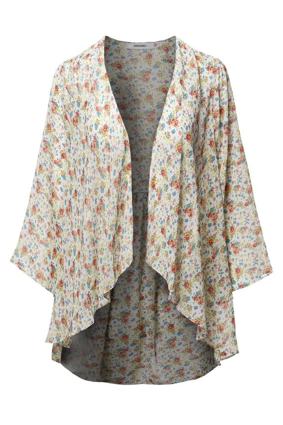 Women's Floral Print Kimono Style Bell Sleeve Cardigan