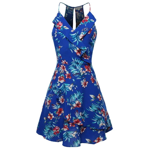 FashionOutfit Women's Floral Print Sleeveless V-Neck Ruffle Front Mini Dress