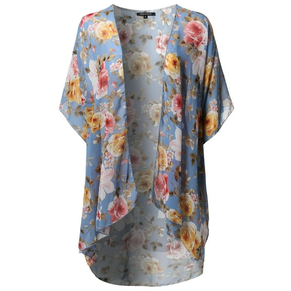 FashionOutfit Women's Floral Short Sleeve Open-Front Kimono Style Cardigan Made in USA