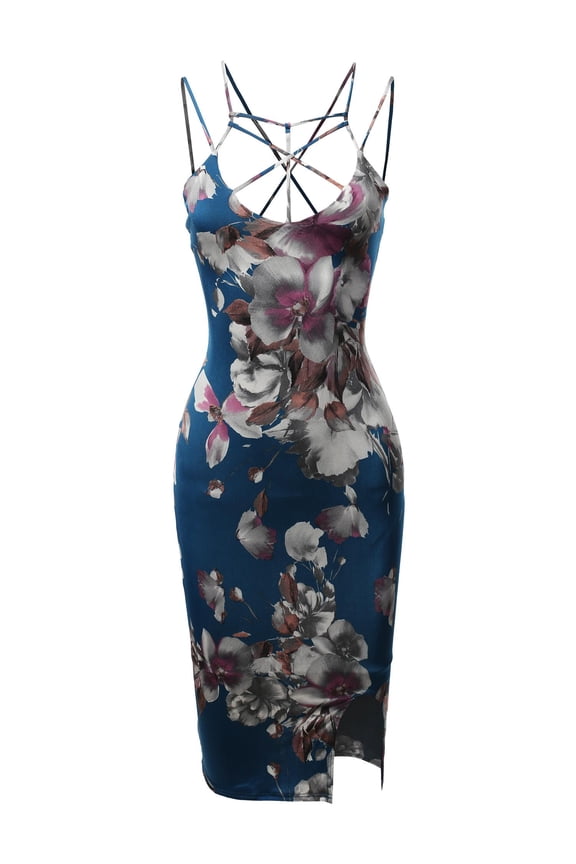 Women's Floral Spaghetti Spider Web Strap Body-Con Midi Dress - Made in USA