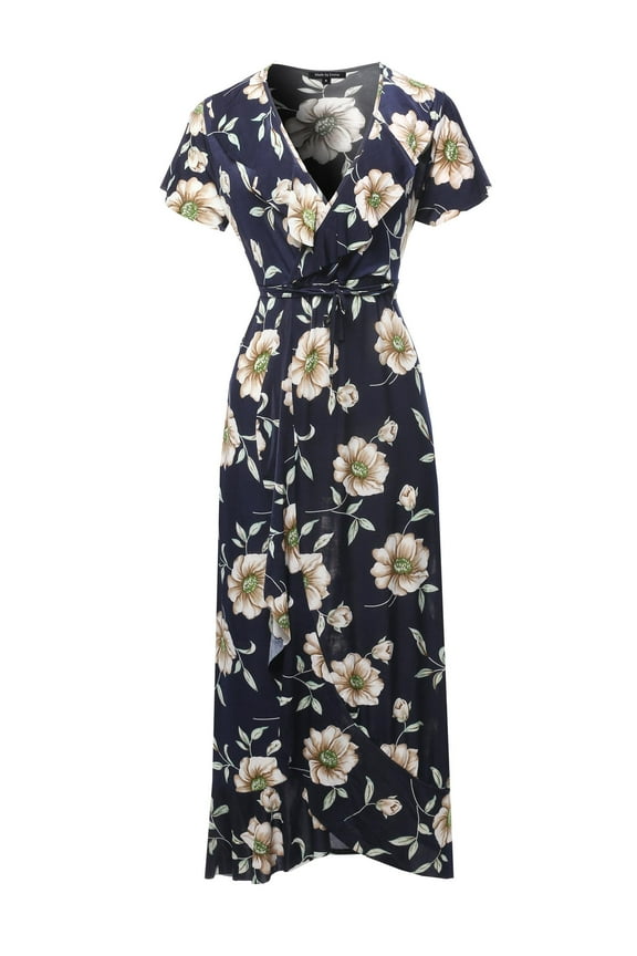 Women's Floral Surplice Wrap Dress with Ruffle Detail