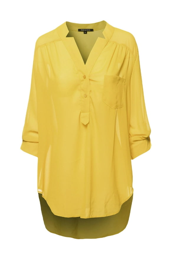 Women's Henley Neck w/ Pocket 3/4 Sleeve Sheer Blouse Top