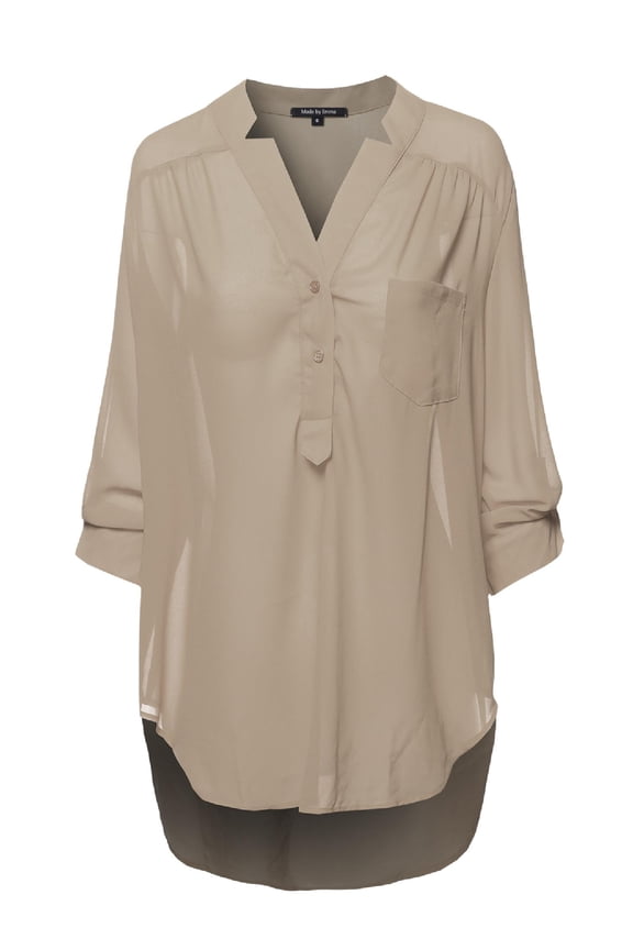 Women's Henley Neck w/ Pocket 3/4 Sleeve Sheer Blouse Top