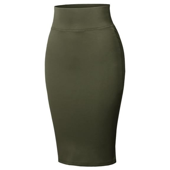 FashionOutfit Women's High Waist Basic Pencil Stretch Span Midi Length Back-Slit Office Skirt
