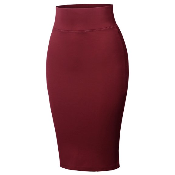 FashionOutfit Women's High Waist Basic Pencil Stretch Span Midi Length Back-Slit Office Skirt