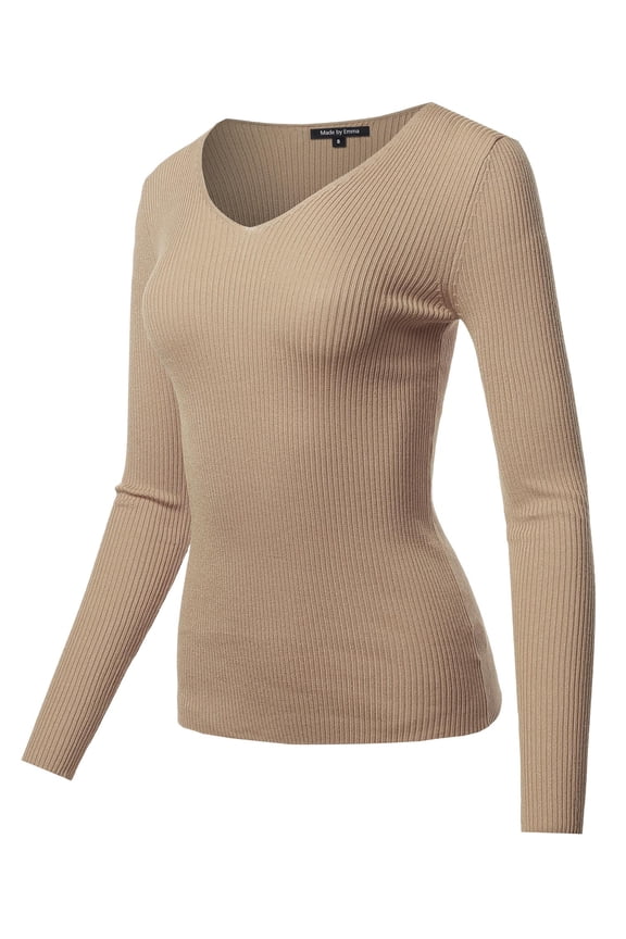 Women's LONG SLEEVE V-NECK FITTED RIB SWEATER TOP