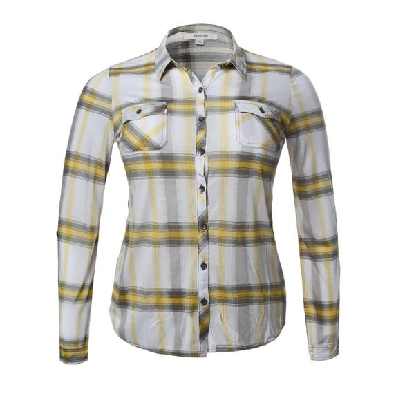 FashionOutfit Women's Lightweight Plaid Checker Button Down Shirt Roll Up Sleeves