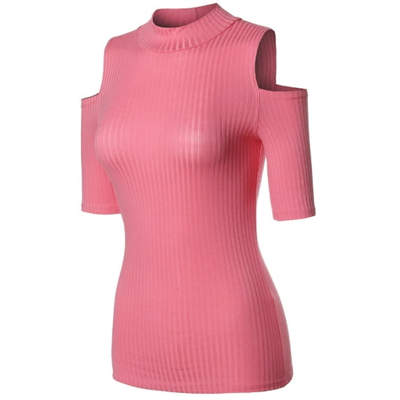 FashionOutfit Women's Lightweight Solid Stretch Ribbed Turtleneck Open Shoulder Top