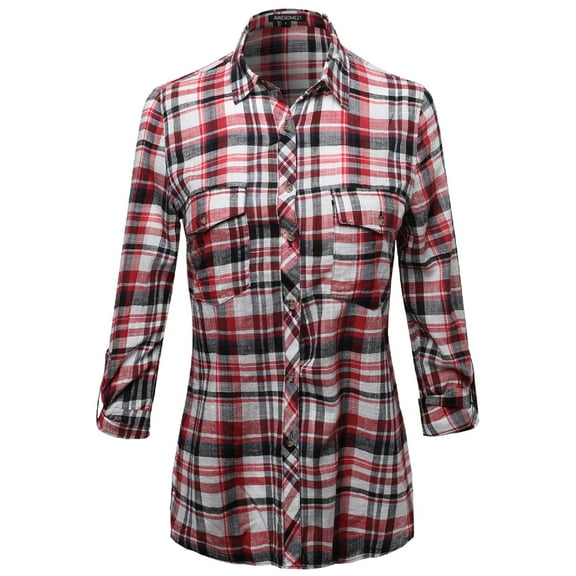 FashionOutfit Women's Long Sleeve Lightweight Plaid Button Down Shirt