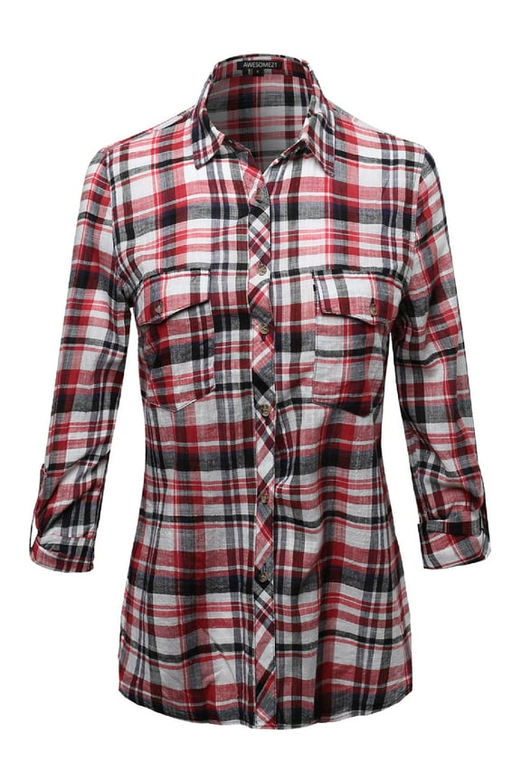Women's Long Sleeve Lightweight Plaid Button Down Shirt