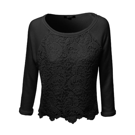 FashionOutfit Women's Long sleeve Floral Crochet Overlay French Terry Crop Top
