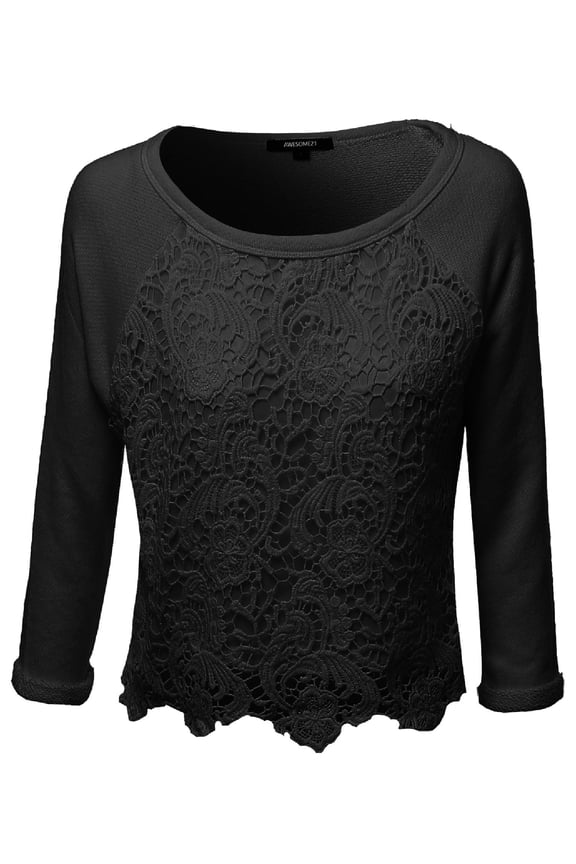 Women's Long sleeve Floral Crochet Overlay French Terry Crop Top