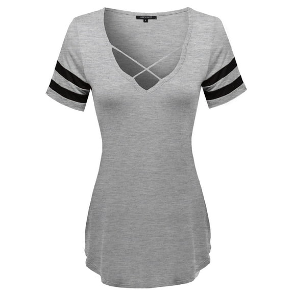 FashionOutfit Women's Loose Fit Soft Stretch Varsity Strappy V-neck Short Sleeve Tee Top
