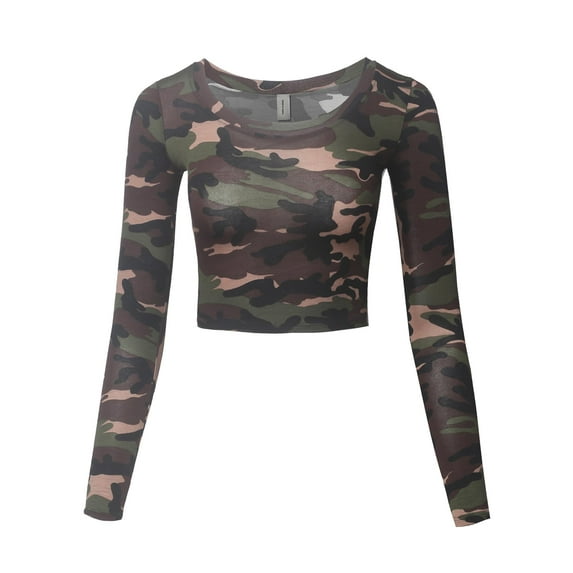 FashionOutfit Women's Made in USA Basic Casual Solid Stretchable Scoop Neck Long Sleeve Crop Top