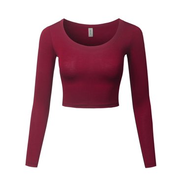 FashionOutfit Women's Made in USA Basic Casual Solid Stretchable Scoop Neck Long Sleeve Crop Top