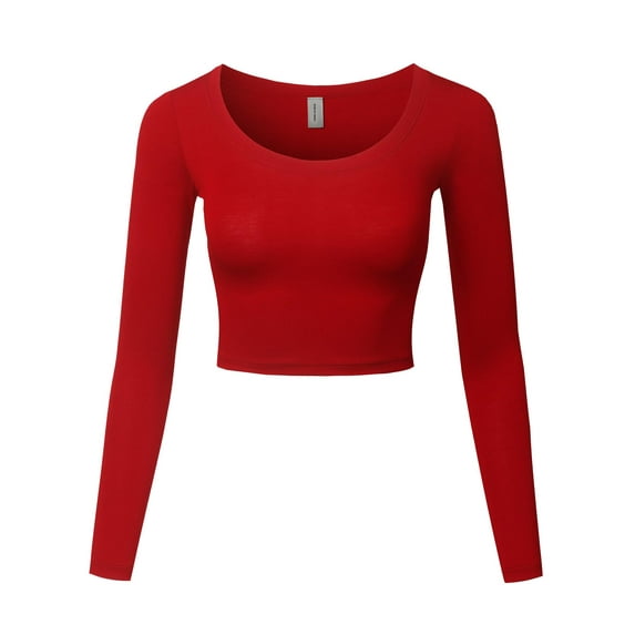 FashionOutfit Women's Made in USA Basic Casual Solid Stretchable Scoop Neck Long Sleeve Crop Top